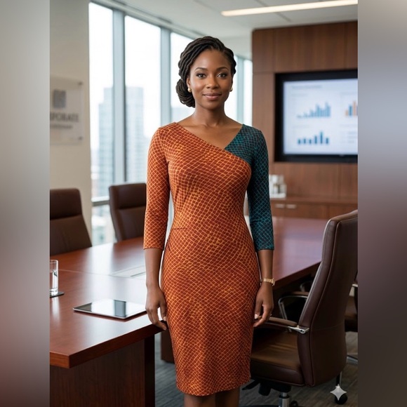 RACHEL Roy Chic Dark Gold/Rust & Teal Combo Dress w/Ruching on One Side ( L) NWT - Picture 4 of 14